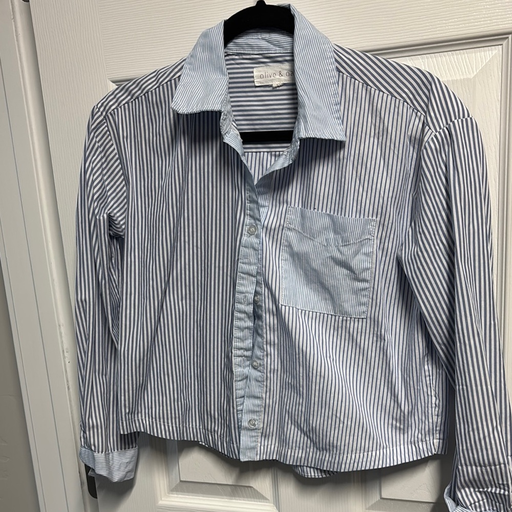 Olive & Oak Blue cropped Striped Button-Up Shirt